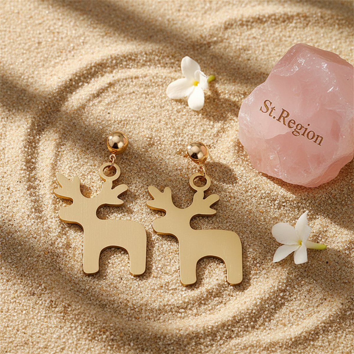 18K Gold-Plated Deer Drop Earrings, gold drop earrings for women, everyday style, detail close-up