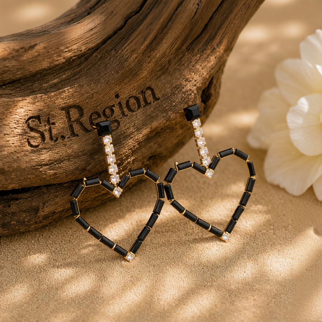 Black Cubic Zirconia & 18K Gold-Plated Open Heart Drop Earrings