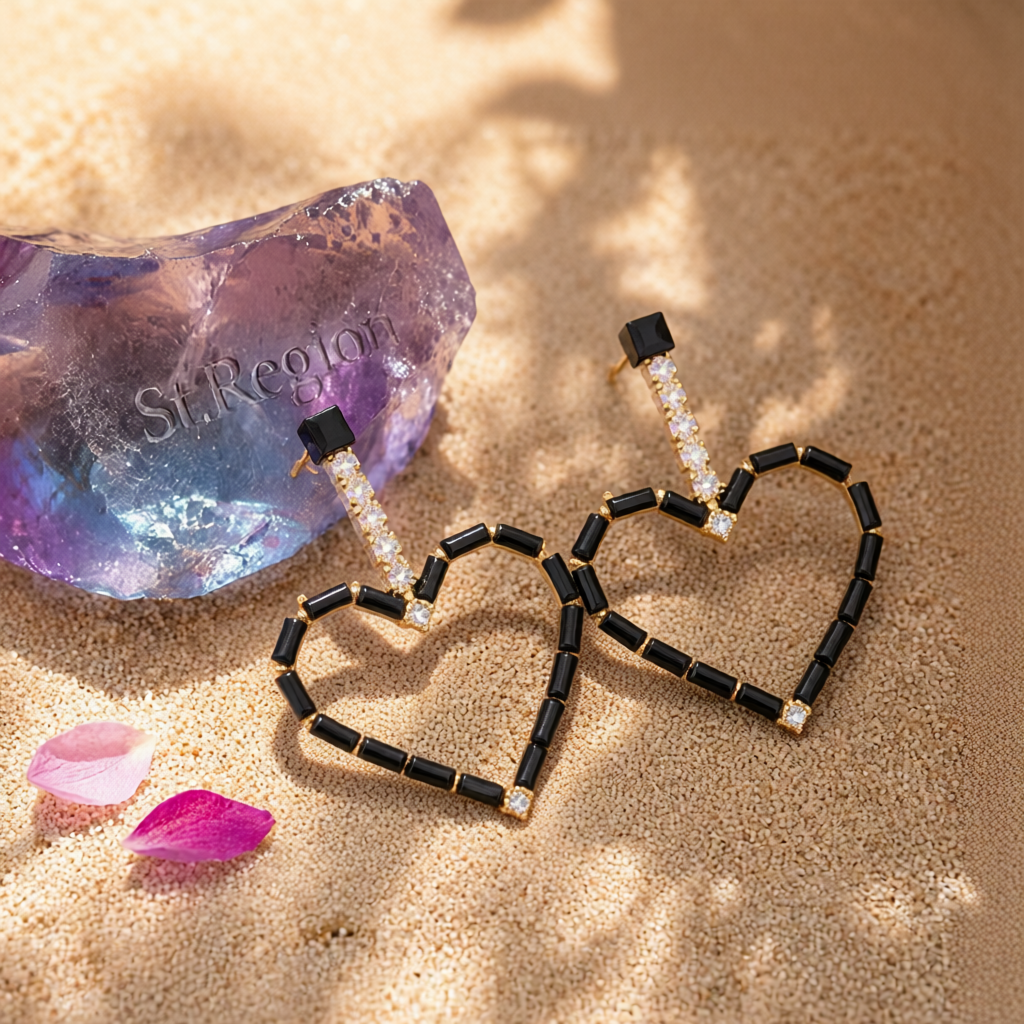 Black Cubic Zirconia & 18K Gold-Plated Open Heart Drop Earrings