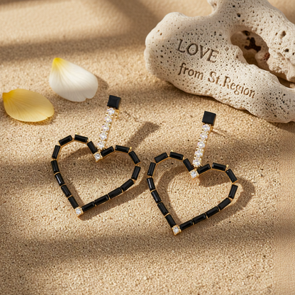 Black Cubic Zirconia & 18K Gold-Plated Open Heart Drop Earrings