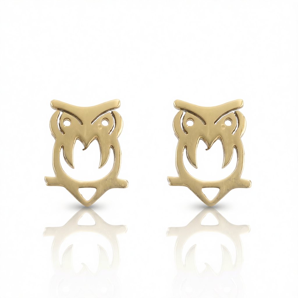 18K Gold-Plated Owl Stud Earrings, gold stud earrings for women, elegant gift for her, side view