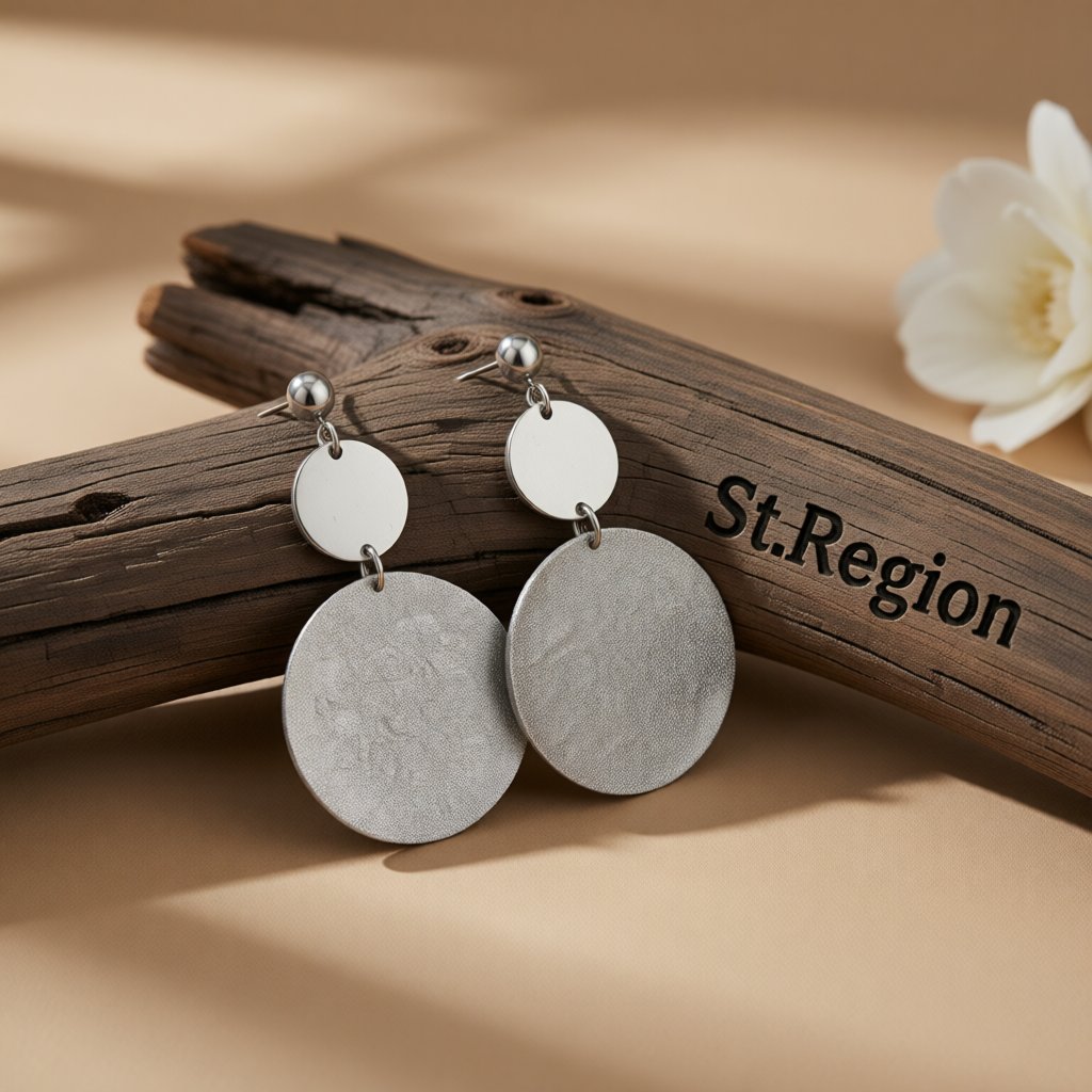 Silver-Plated Frosted Dual-Disk Drop Earrings, silver drop earrings for women, elegant gift for her, front view
