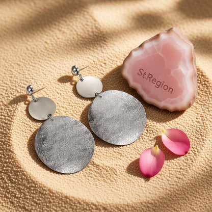 Silver-Plated Frosted Dual-Disk Drop Earrings, silver drop earrings for women, elegant gift for her, detail close-up
