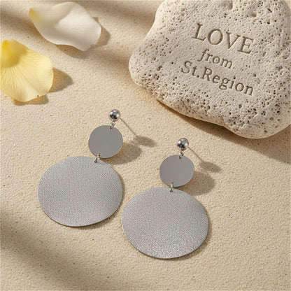 Silver-Plated Frosted Dual-Disk Drop Earrings, silver drop earrings for women, elegant gift for her, lifestyle look