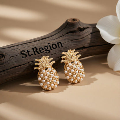 Pearl and 18K Gold-Plated Pineapple Stud Earrings, cubic zirconia stud earrings for women, everyday style, front view