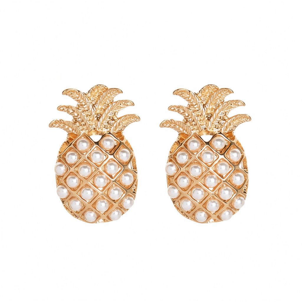 Pearl and 18K Gold-Plated Pineapple Stud Earrings, cubic zirconia stud earrings for women, everyday style, side view