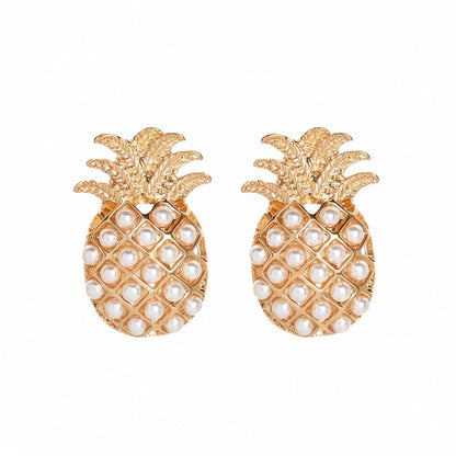 Pearl and 18K Gold-Plated Pineapple Stud Earrings, cubic zirconia stud earrings for women, everyday style, side view