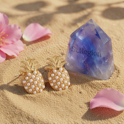 Pearl and 18K Gold-Plated Pineapple Stud Earrings, cubic zirconia stud earrings for women, everyday style, detail close-up