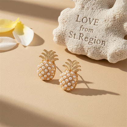 Pearl and 18K Gold-Plated Pineapple Stud Earrings, cubic zirconia stud earrings for women, everyday style, lifestyle look