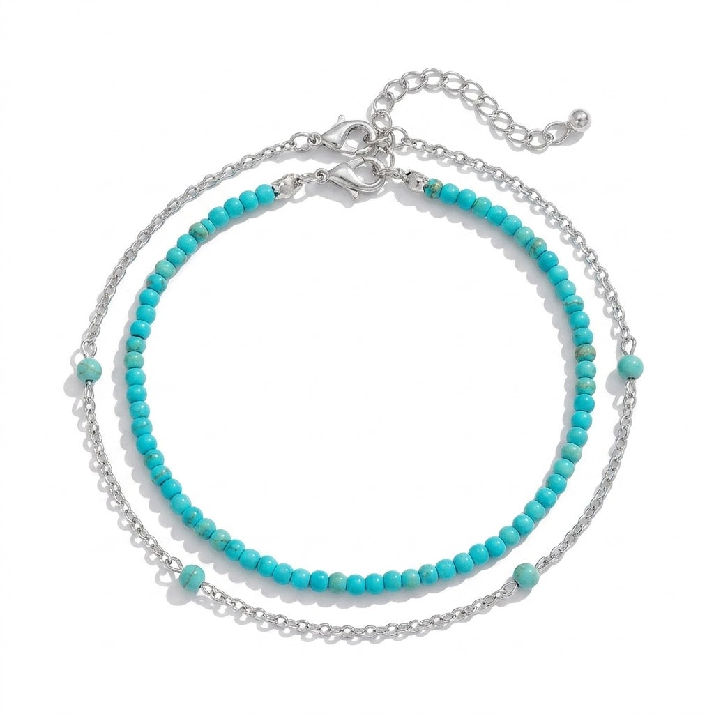 Turqouise & Silvertone Beads Chian Anklet Set - Street Region
