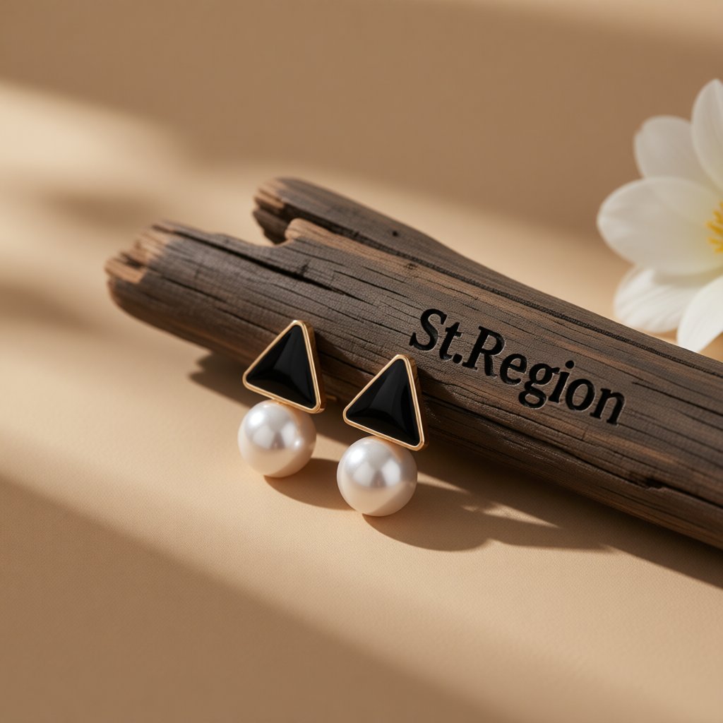 Pearl and Black Enamel 18K Gold-Plated Triangle Drop Earrings, gold drop earrings for women, front view