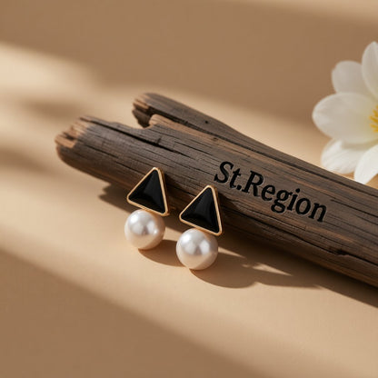 Pearl and Black Enamel 18K Gold-Plated Triangle Drop Earrings, gold drop earrings for women, front view