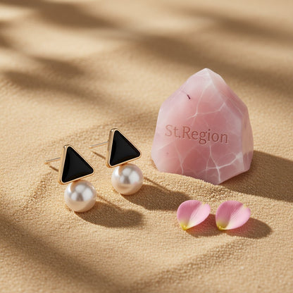 Pearl and Black Enamel 18K Gold-Plated Triangle Drop Earrings, gold drop earrings for women, detail close-up