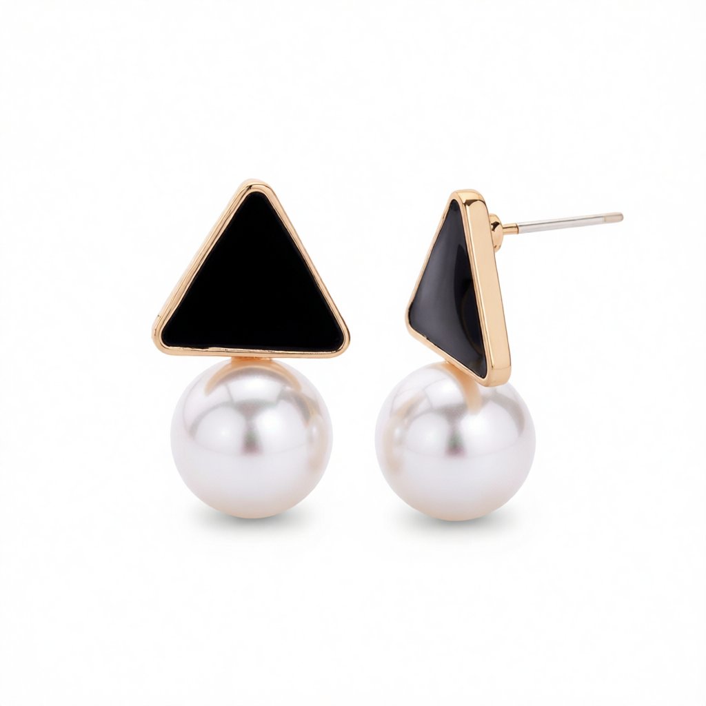 Pearl and Black Enamel 18K Gold-Plated Triangle Drop Earrings, gold drop earrings for women, side view