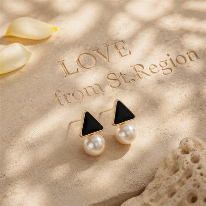 Pearl and Black Enamel 18K Gold-Plated Triangle Drop Earrings, gold drop earrings for women, lifestyle look