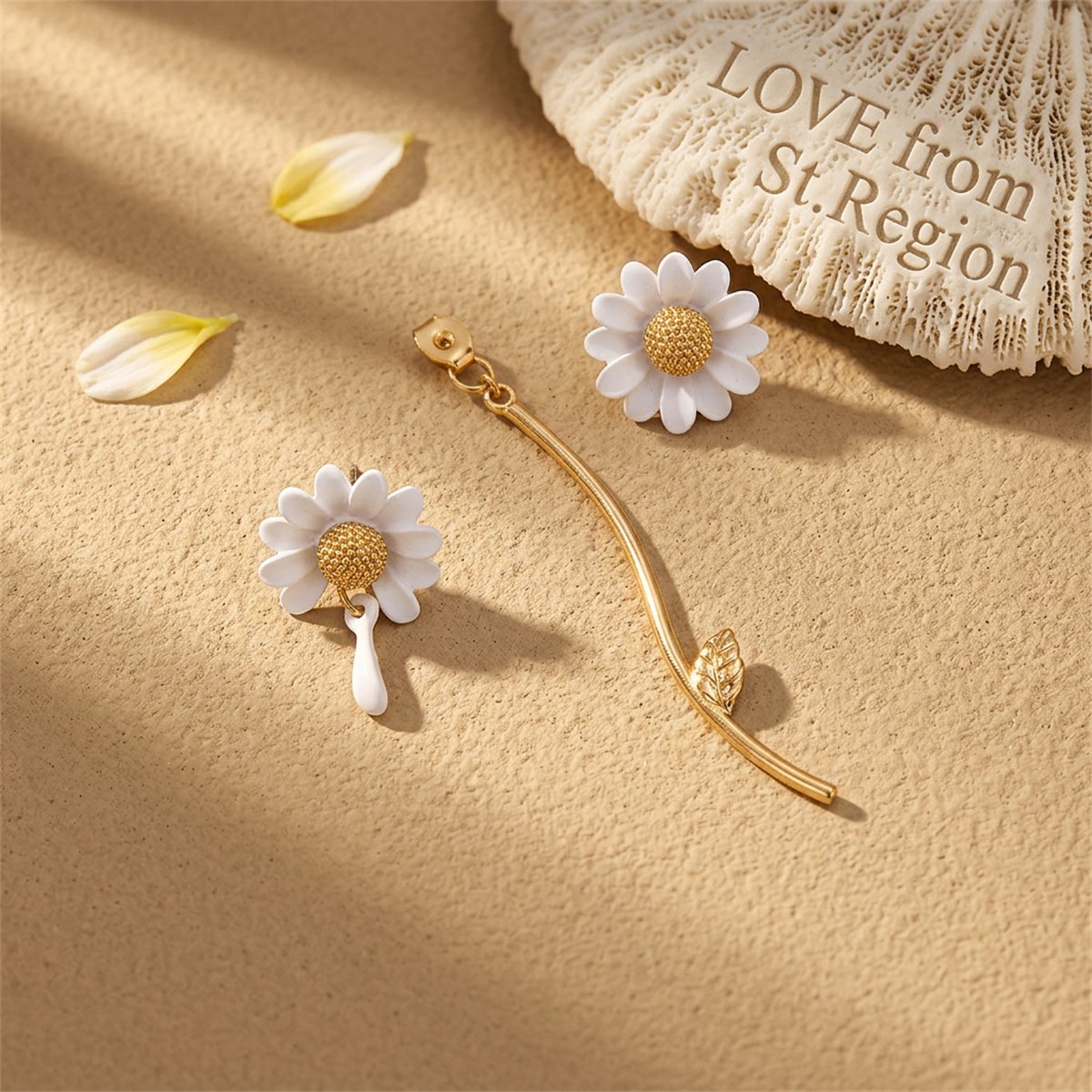 White Enamel and 18K Gold-Plated Sunflower Asymmetrical Drop Earrings, gold drop earrings for women, lifestyle look