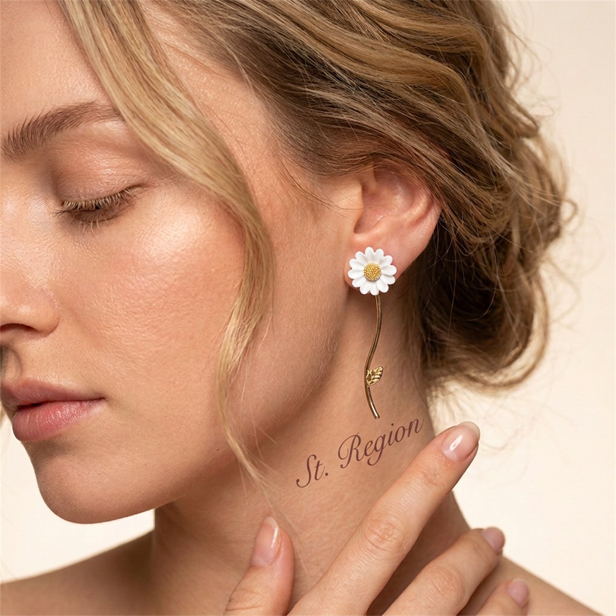 White Enamel and 18K Gold-Plated Sunflower Asymmetrical Drop Earrings, gold drop earrings for women, styled look