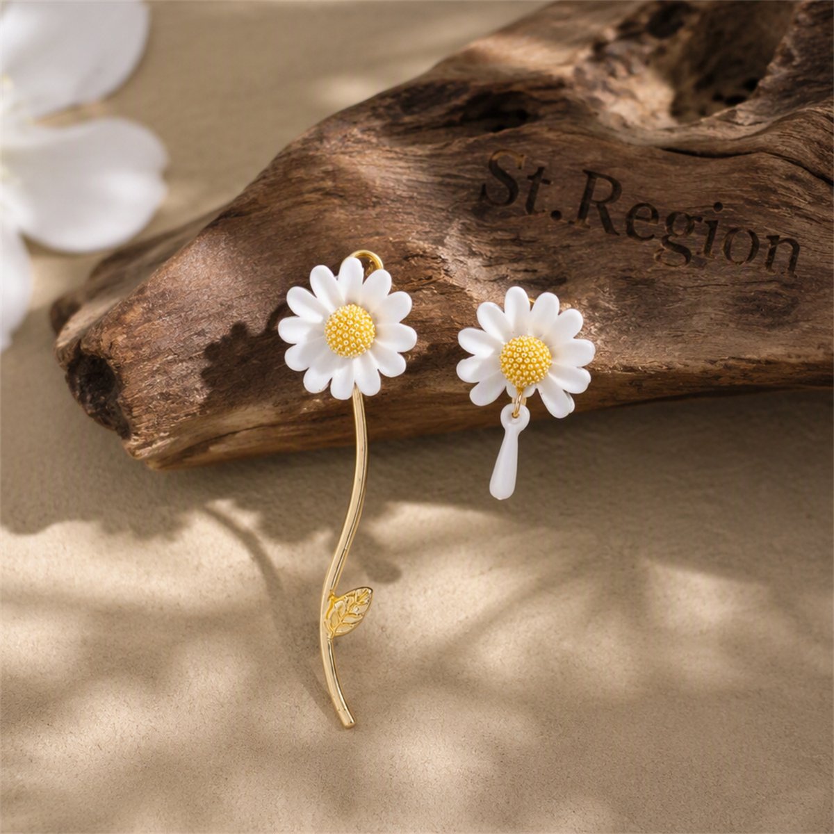 White Enamel and 18K Gold-Plated Sunflower Asymmetrical Drop Earrings, gold drop earrings for women, front view