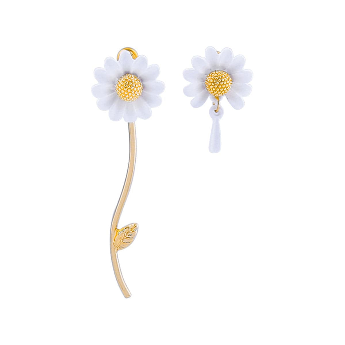 White Enamel and 18K Gold-Plated Sunflower Asymmetrical Drop Earrings, gold drop earrings for women, side view