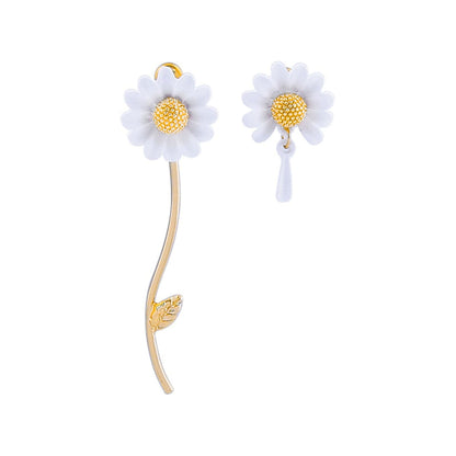White Enamel and 18K Gold-Plated Sunflower Asymmetrical Drop Earrings, gold drop earrings for women, side view