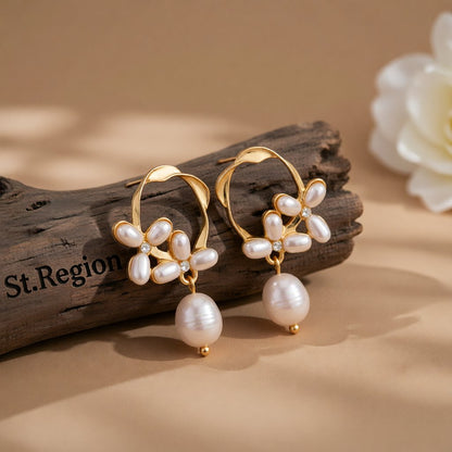 Cubic Zirconia and Pearl 18K Gold-Plated Flower Drop Earrings, gold drop earrings for women, elegant gift for her, front view
