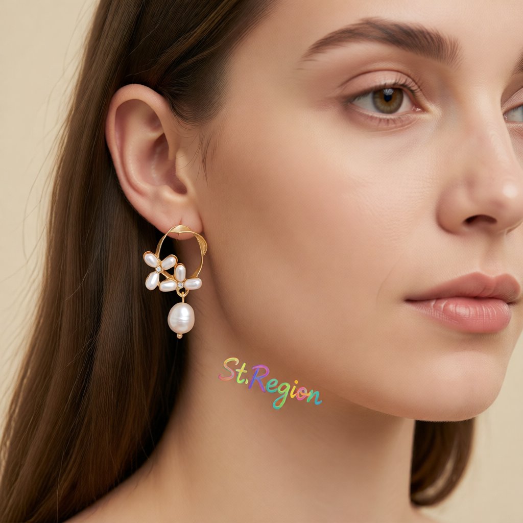 Cubic Zirconia and Pearl 18K Gold-Plated Flower Drop Earrings, gold drop earrings for women, styled look