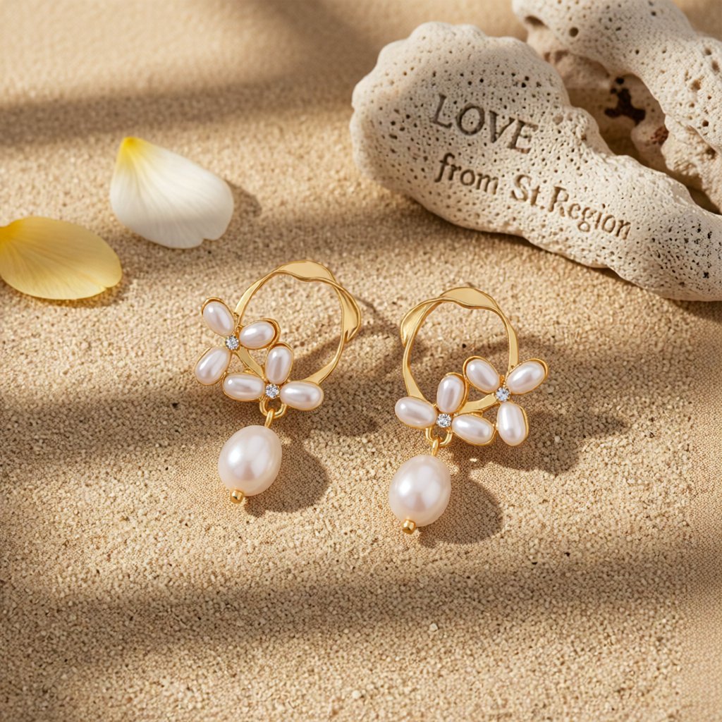 Cubic Zirconia and Pearl 18K Gold-Plated Flower Drop Earrings, gold drop earrings for women, lifestyle look