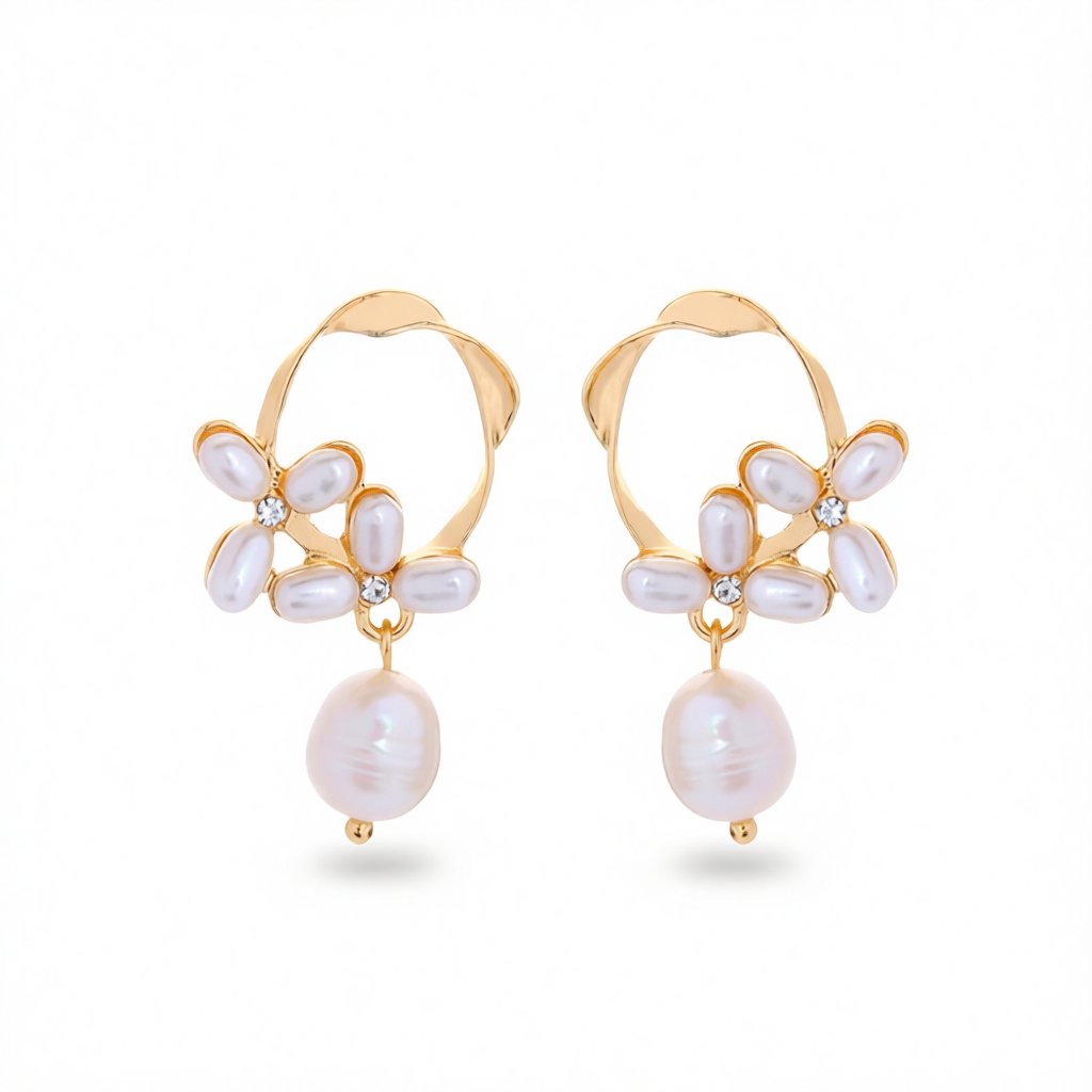Cubic Zirconia and Pearl 18K Gold-Plated Flower Drop Earrings, gold drop earrings for women, elegant gift for her, side view