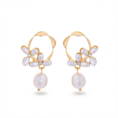 Cubic Zirconia and Pearl 18K Gold-Plated Flower Drop Earrings, gold drop earrings for women, elegant gift for her, side view