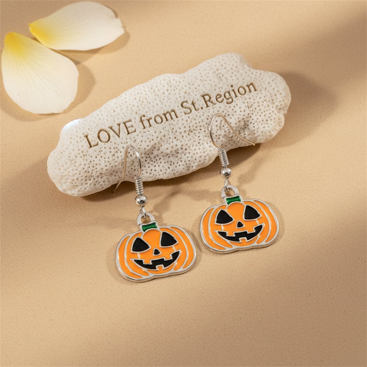 Silver-Plated and Orange Enamel Pumpkin Drop Earrings, silver drop earrings for women, lifestyle look