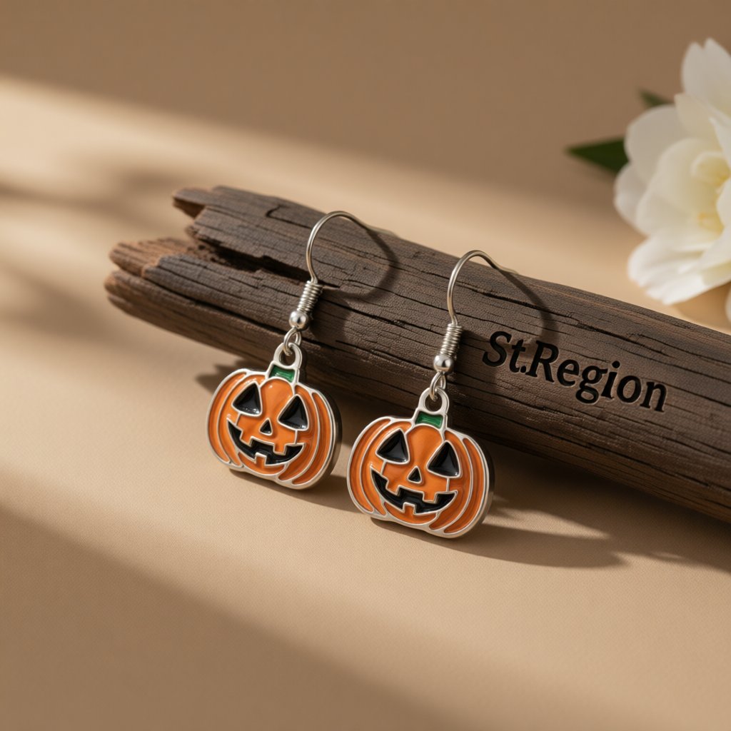 Silver-Plated and Orange Enamel Pumpkin Drop Earrings, silver drop earrings for women, vintage-inspired design, front view