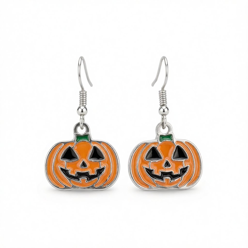 Silver-Plated and Orange Enamel Pumpkin Drop Earrings, silver drop earrings for women, vintage-inspired design, side view