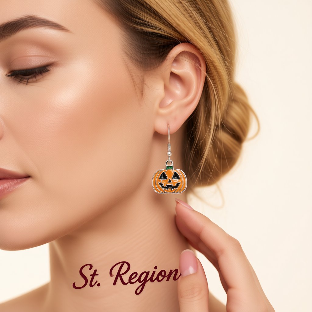 Silver-Plated and Orange Enamel Pumpkin Drop Earrings, silver drop earrings for women, vintage-inspired design, styled look