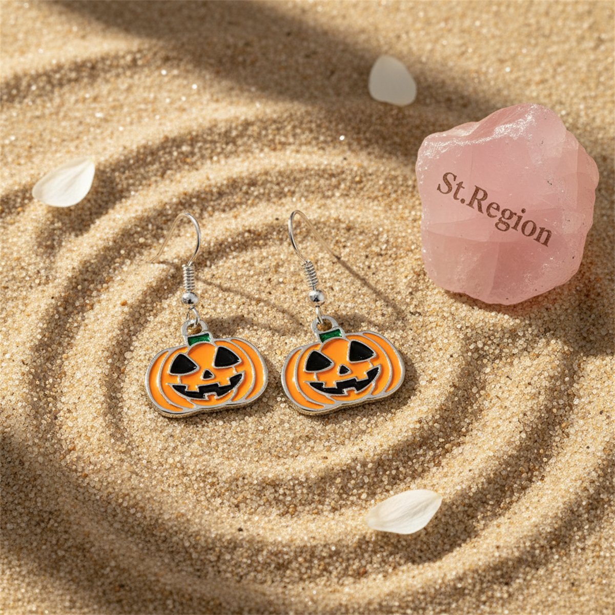 Silver-Plated and Orange Enamel Pumpkin Drop Earrings, silver drop earrings for women, detail close-up