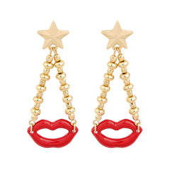 Red Enamel & 18K Gold-Plated Lips Chain Drop Earrings