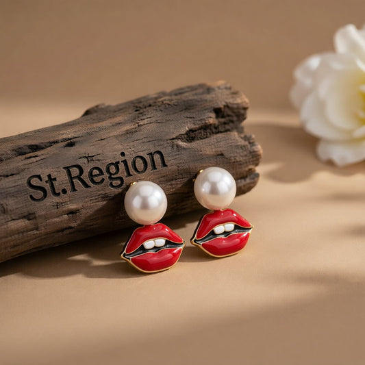Pearl and 18K Gold-Plated Lips Stud Earrings, vintage-inspired design, front view