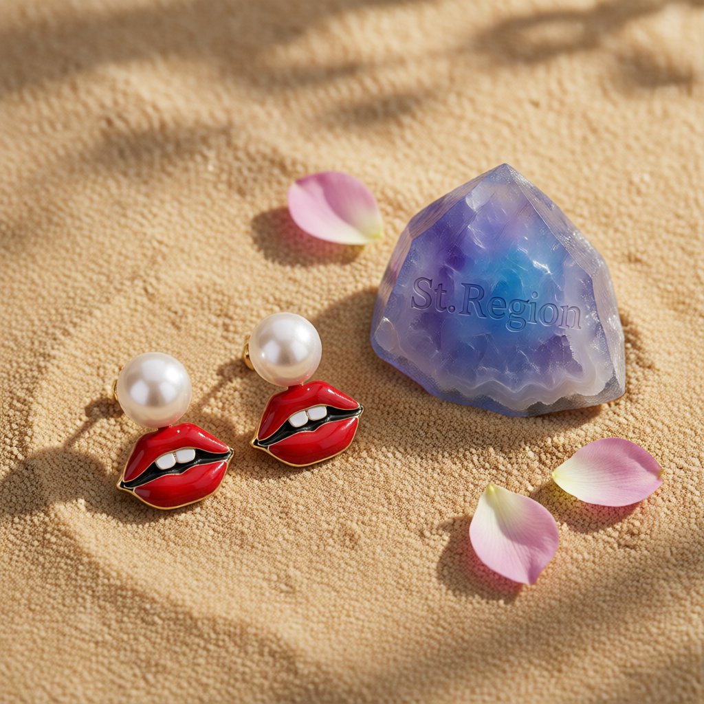 Pearl and 18K Gold-Plated Lips Stud Earrings, vintage-inspired design, detail close-up
