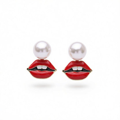 Pearl and 18K Gold-Plated Lips Stud Earrings, vintage-inspired design, side view