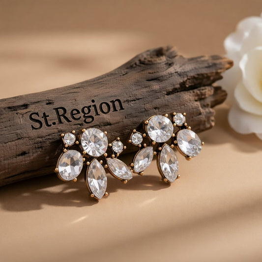 Clear Crystal and 18K Gold-Plated Floral Stud Earrings, gold stud earrings for women, elegant gift for her, front view