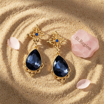 Blue Pear-Cut Crystal and Cubic Zirconia Drop Earrings, drop earrings for women, botanical inspired, detail close-up