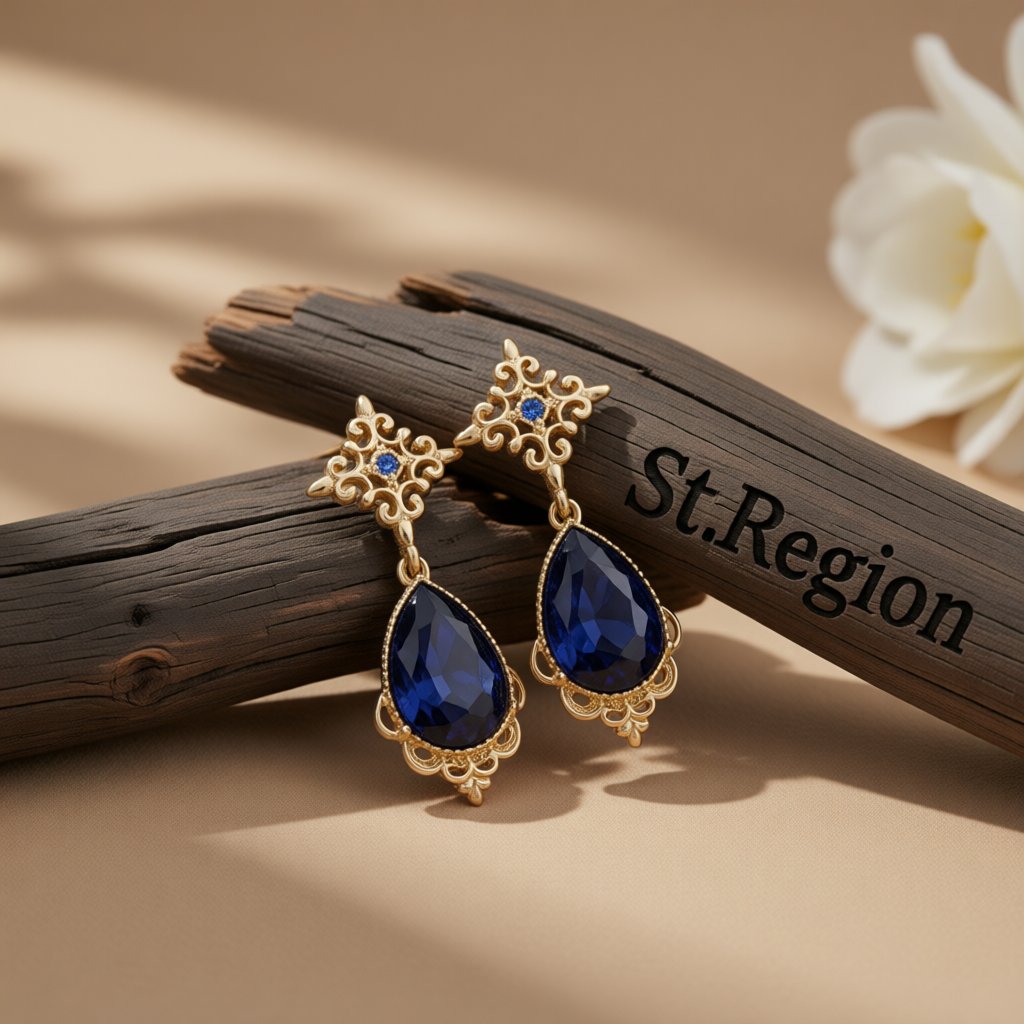 Blue Pear-Cut Crystal and Cubic Zirconia Drop Earrings, drop earrings for women, botanical inspired, front view