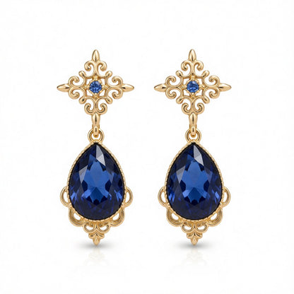 Blue Pear-Cut Crystal and Cubic Zirconia Drop Earrings, drop earrings for women, botanical inspired, side view