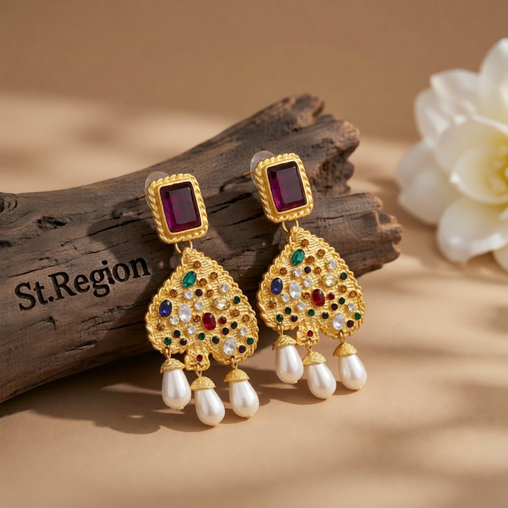 Pearl and Multicolor Crystal 18K Gold-Plated Abstract Heart Drop Earrings, gold drop earrings for women, front view