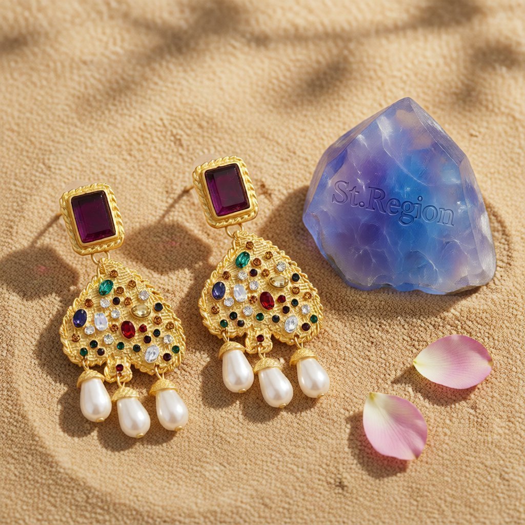 Pearl and Multicolor Crystal 18K Gold-Plated Abstract Heart Drop Earrings, gold drop earrings for women, detail close-up