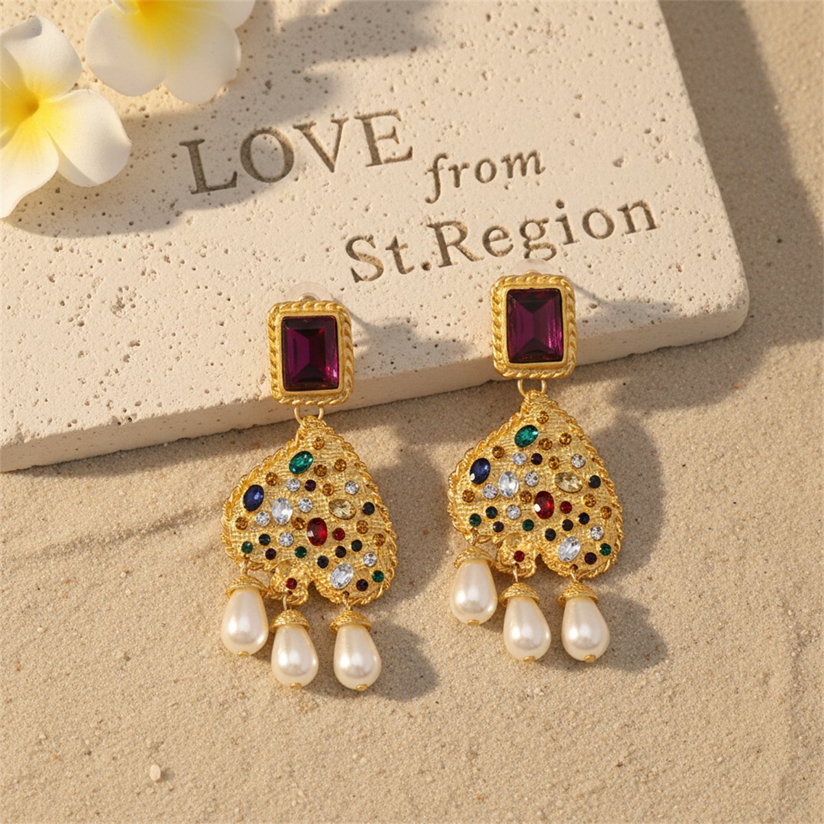 Pearl and Multicolor Crystal 18K Gold-Plated Abstract Heart Drop Earrings, gold drop earrings for women, lifestyle look