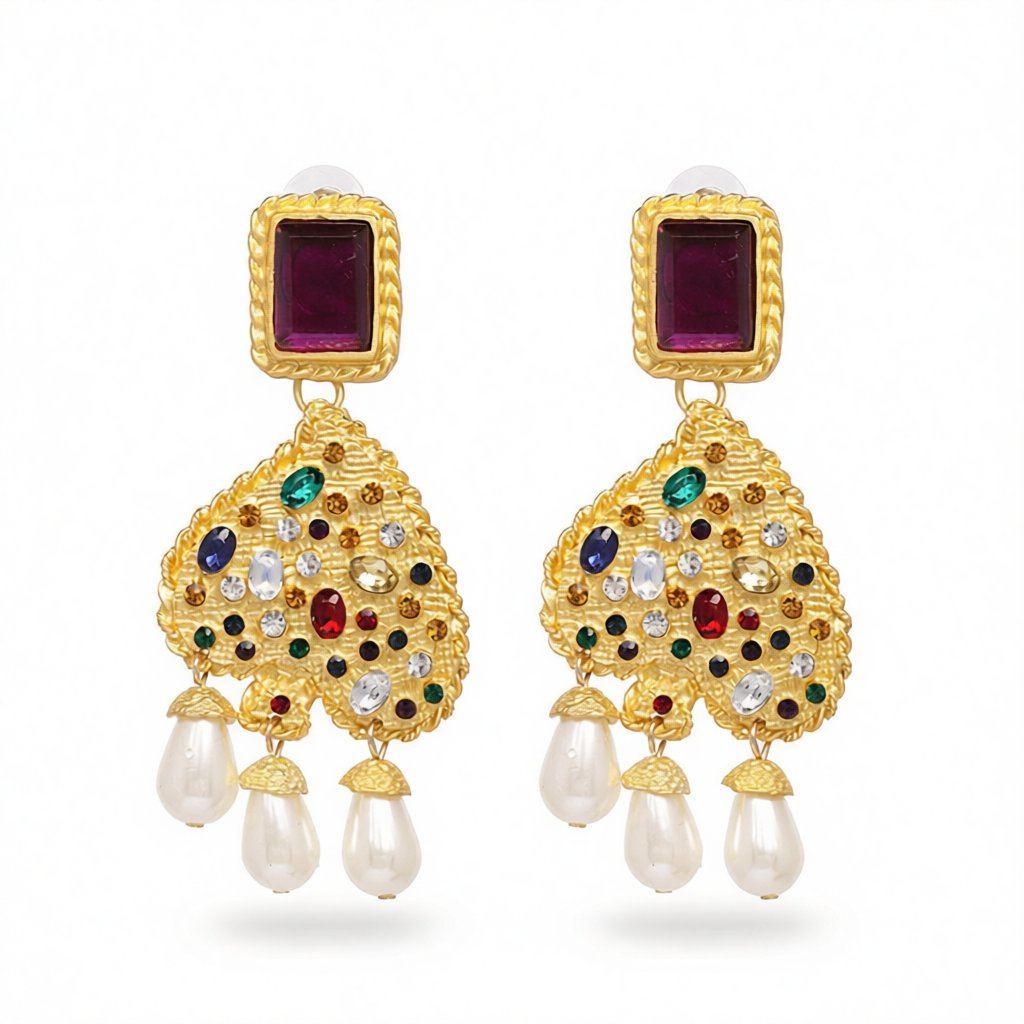 Pearl and Multicolor Crystal 18K Gold-Plated Abstract Heart Drop Earrings, gold drop earrings for women, side view