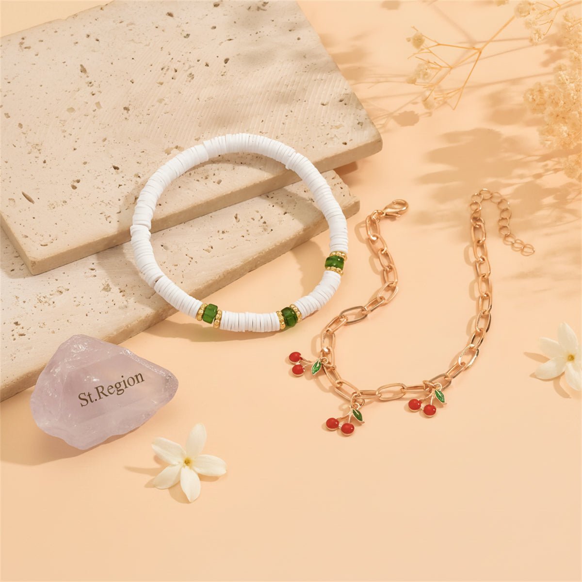Enamel & Acrylic Polymer Clay Goldtone Cherry Tassel Anklet Set - Street Region