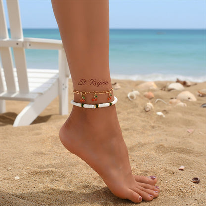 Enamel & Acrylic Polymer Clay Goldtone Cherry Tassel Anklet Set - Street Region