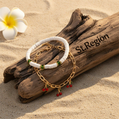 Enamel & Acrylic Polymer Clay Goldtone Cherry Tassel Anklet Set - Street Region