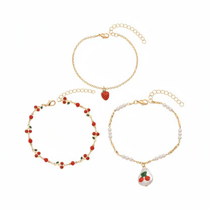 Enamel & Pearl Goldtone Strawberry Cherry Charm Tassel Anklet Set - Street Region